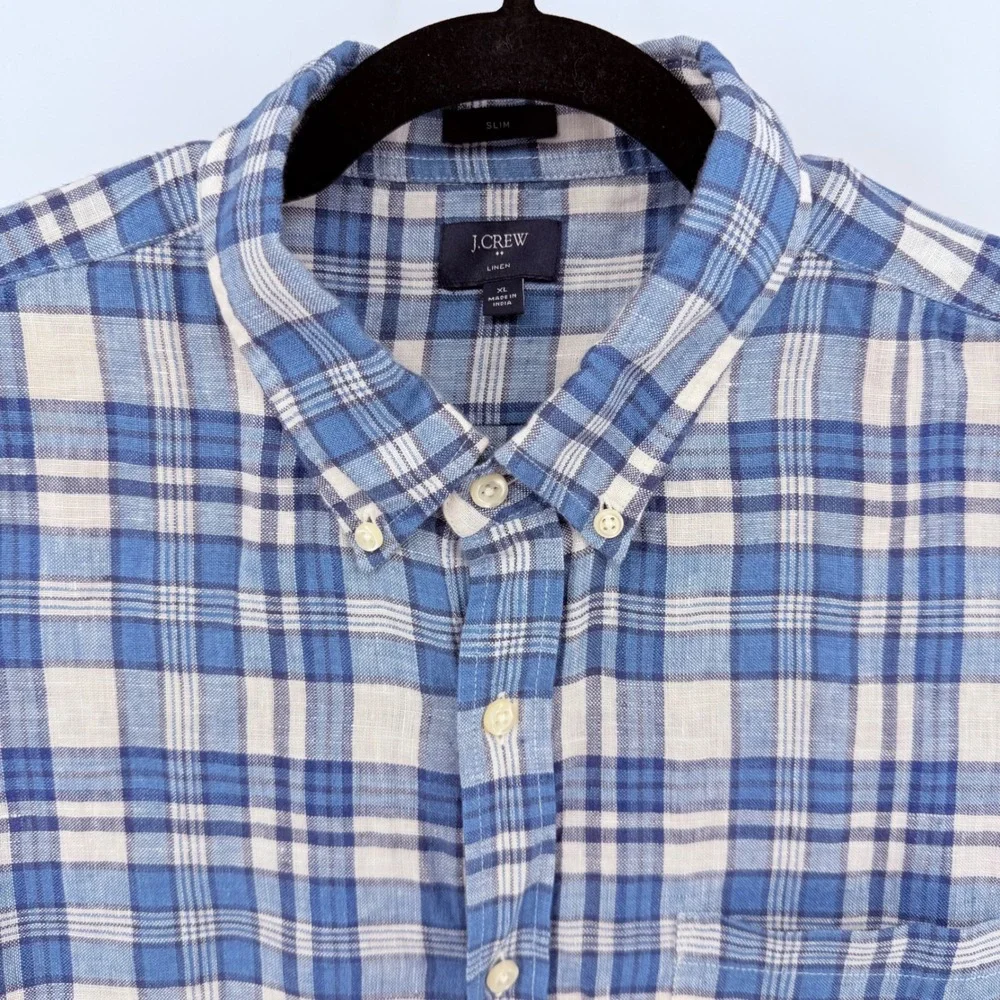 J Crew Slim Fit Blue Plaid Linen Button Down Shirt XL F0850